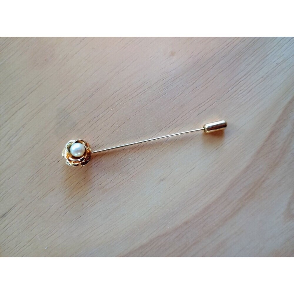 Vintage Stick Pin Gold Tone Hat Pin Faux Pearl Rose